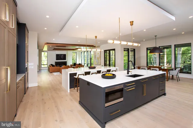 a large kitchen with a large counter top appliances and a sink