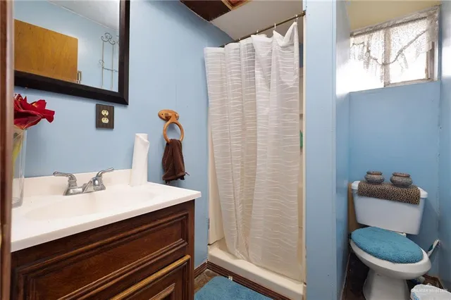 a bathroom with a sink mirror and toilet
