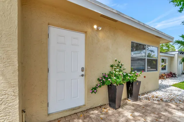 a potted plant in front of a door
