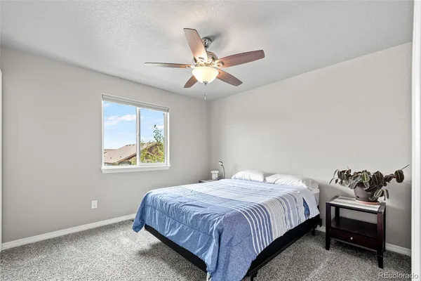 a bedroom with a bed and a ceiling fan