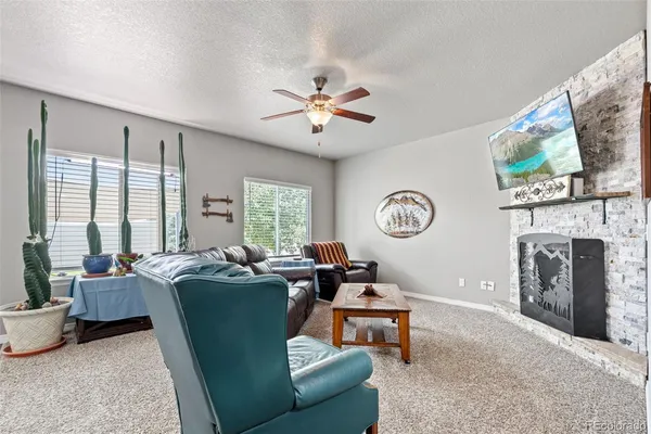 a living room with furniture a fireplace and a flat screen tv