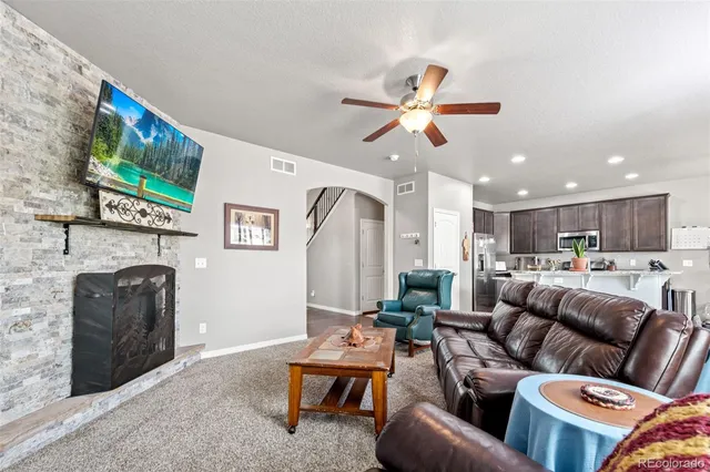 a living room with furniture a flat screen tv and a fireplace