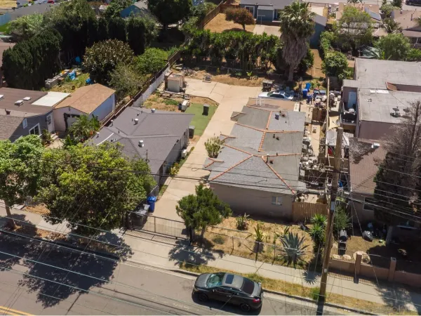 an aerial view of a building with outdoor space