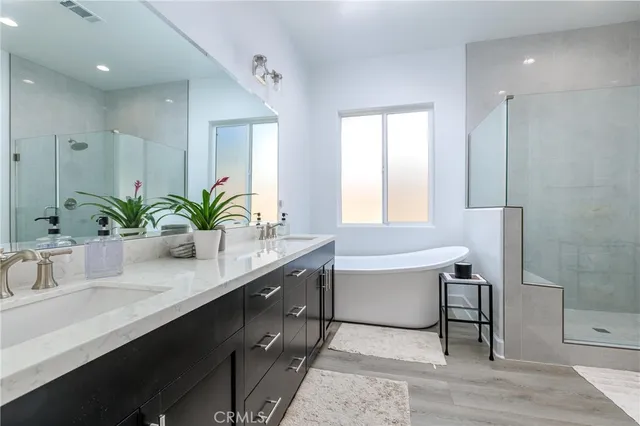a bathroom with a sink a potted plant and a window