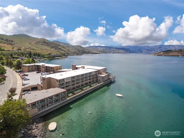 a view of a lake with a mountain in the background