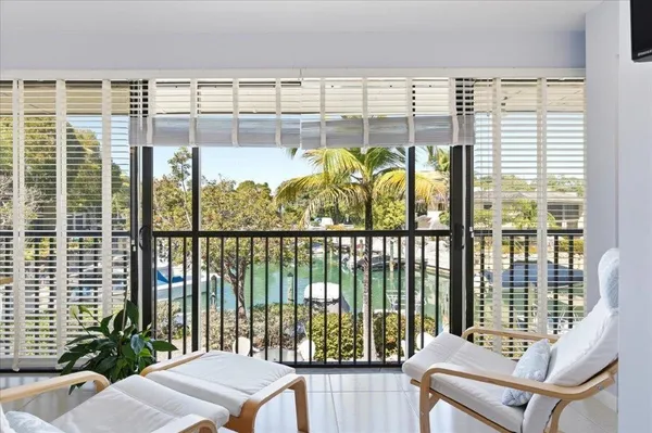 a view of a balcony with couch