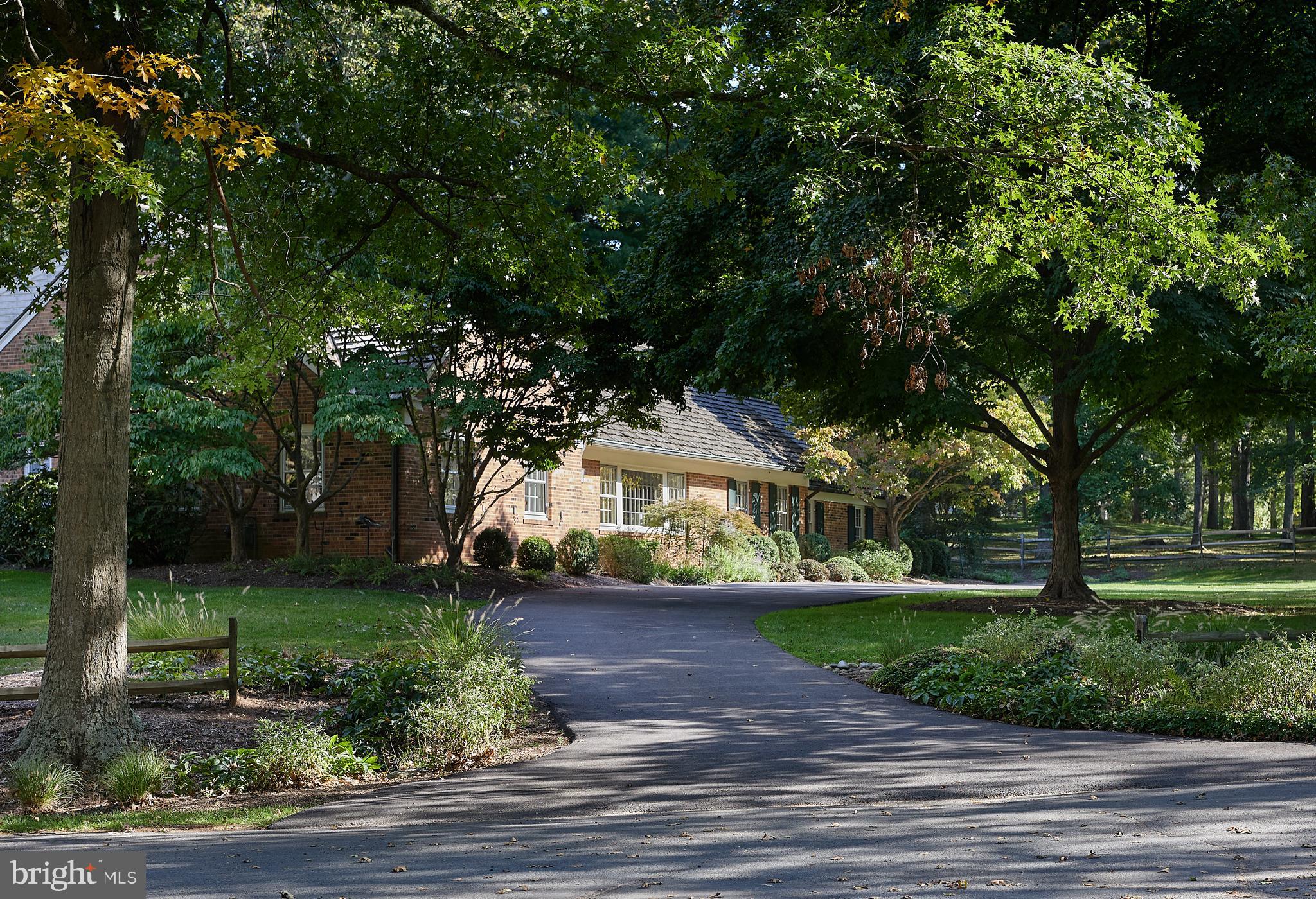 Emracing front facade framed by mature trees