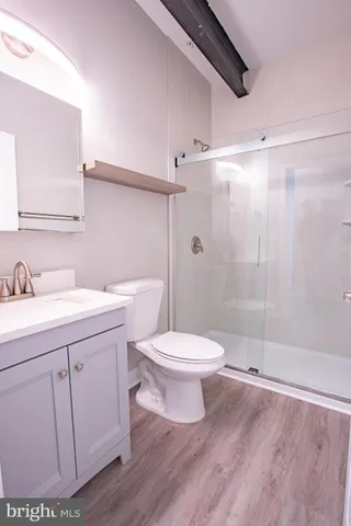 a bathroom with a sink a toilet and shower