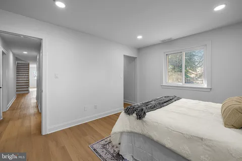 a bed room with a bed and wooden floor