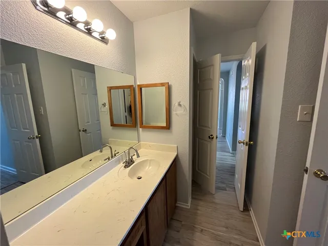 a bathroom with a sink and a mirror