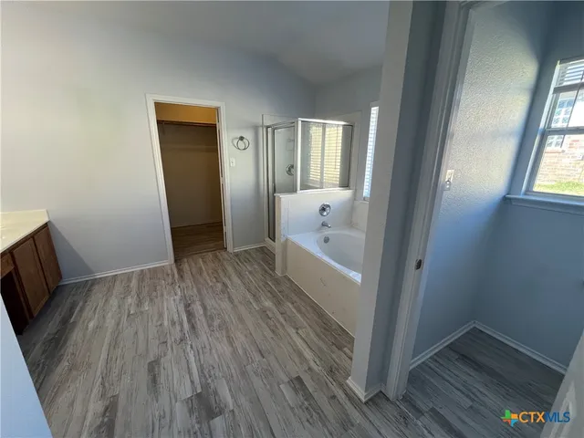 a bathroom with a bathtub and a shower