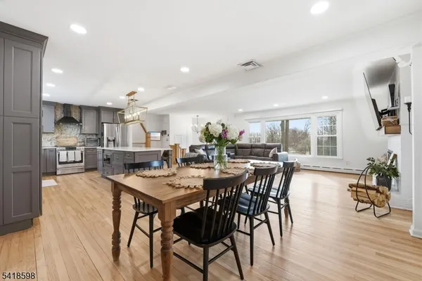 a view of a dining area with furniture and wooden floor