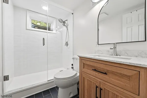 a bathroom with a sink a mirror a toilet and shower