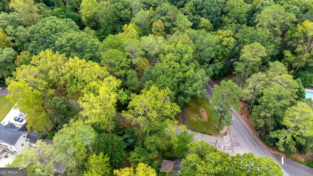 an aerial view of a houses with a lush green hillside