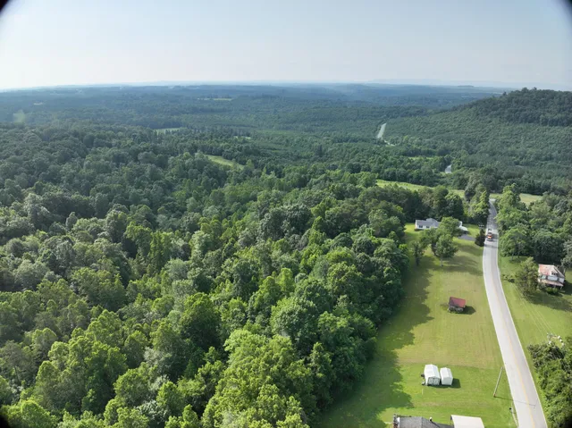 an aerial view of residential houses with outdoor space and trees