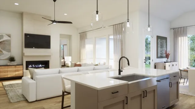 a kitchen with a sink and a fireplace