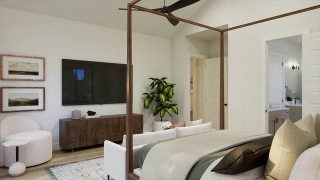 a bedroom with a bed couches chair and a flat screen tv