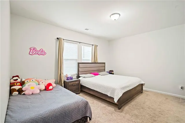 a bedroom with two beds and painted room