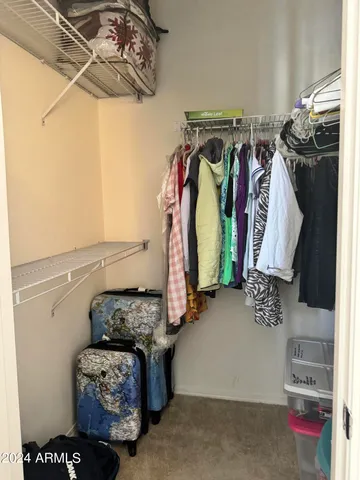a view of walk in closet with clothes and shoes
