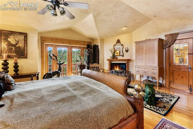 a bedroom with furniture and a fireplace