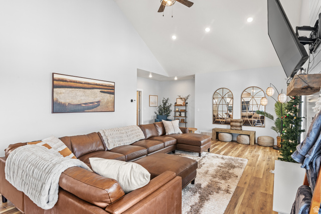 1343 North Trapper Loop Garden City, UT 84028 - Photo 11 of 56 Living room with a ceiling fan, hardwood / wood-style flooring, recessed lighting, and lofted ceiling