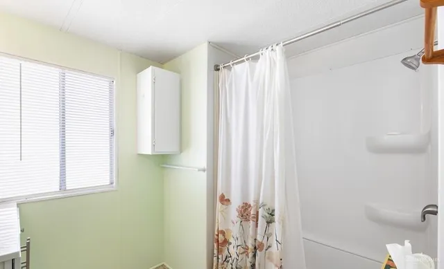a bathroom with a shower curtain and a window