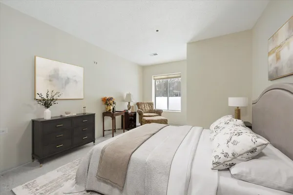 a bedroom with a bed and a dresser
