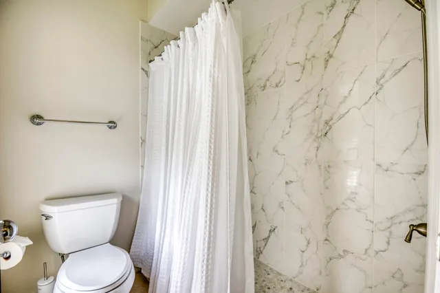 a white toilet sitting next to a shower curtain