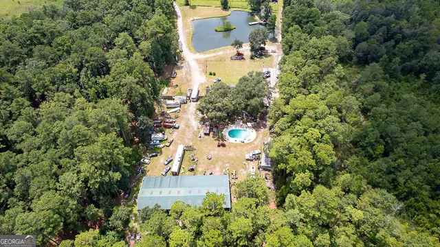 a view of a lake in middle of the town