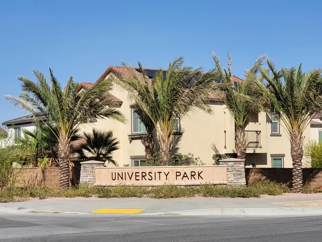 a view of a palm tree with sign board