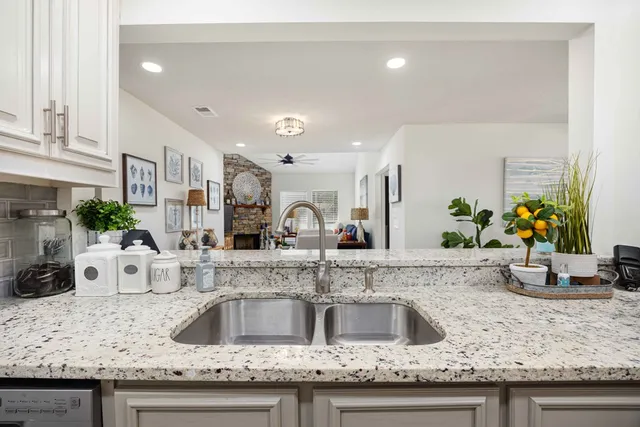a kitchen with granite countertop a sink and potted plant