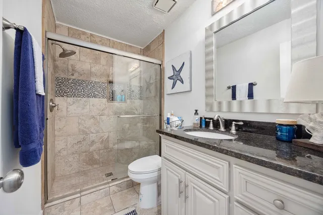 a bathroom with a granite countertop sink a toilet and shower