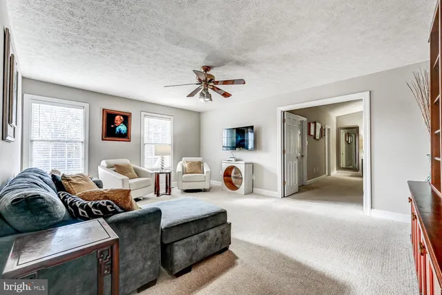 a living room with furniture ceiling fan and a window