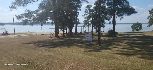 a big yard with road and trees