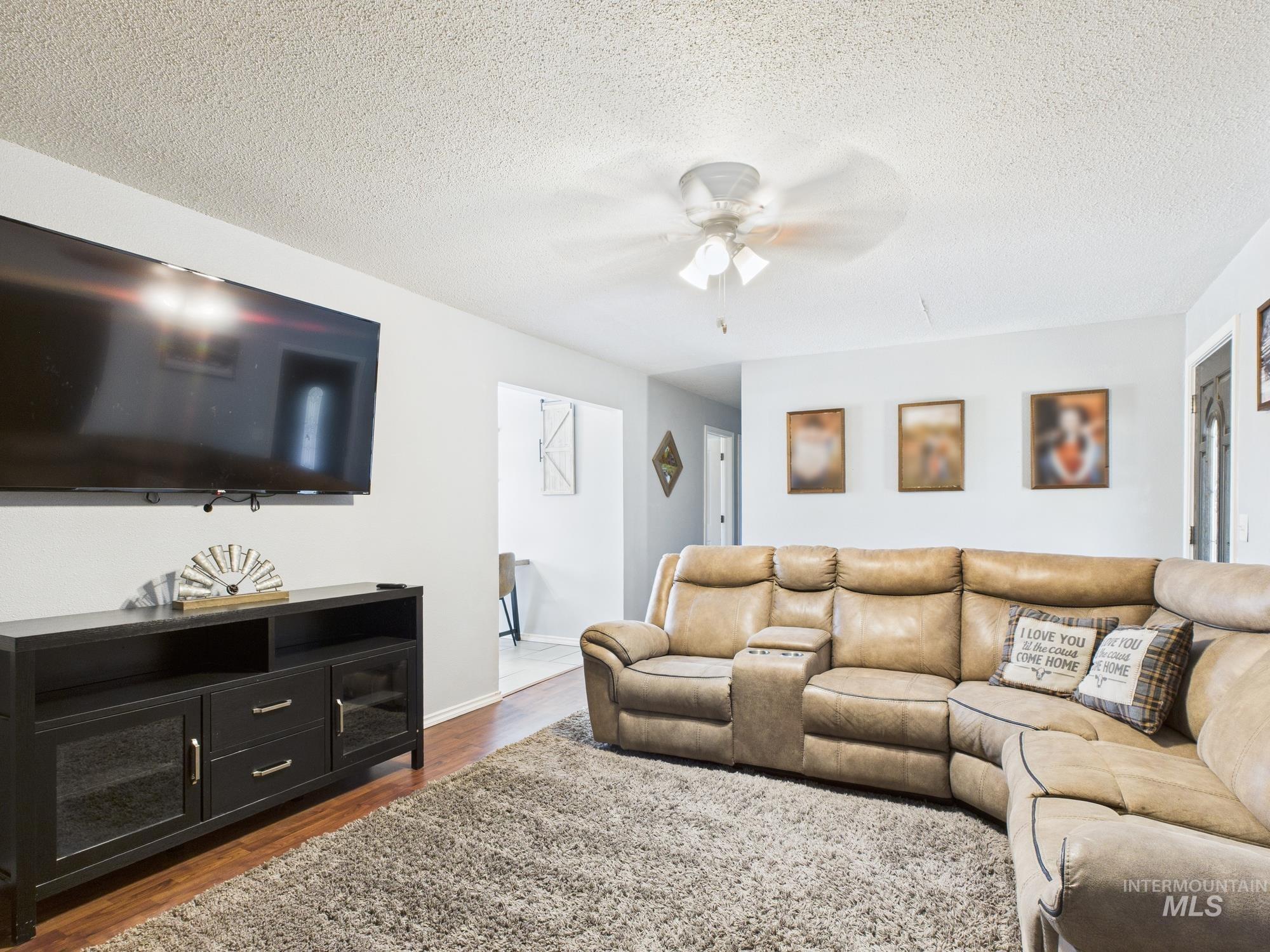1428 Bryden Avenue Lewiston, ID 83501 - Photo 21 of 32 Living room with a ceiling fan, dark wood-style flooring, and a textured ceiling