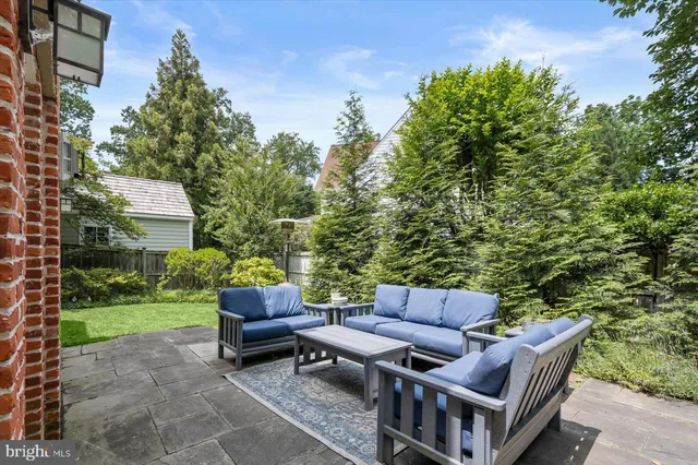 a view of a backyard with large trees