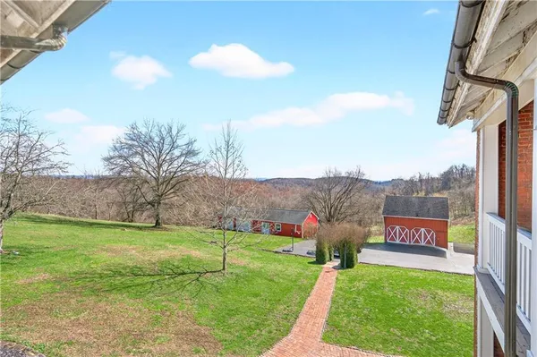 a view of a backyard with large trees