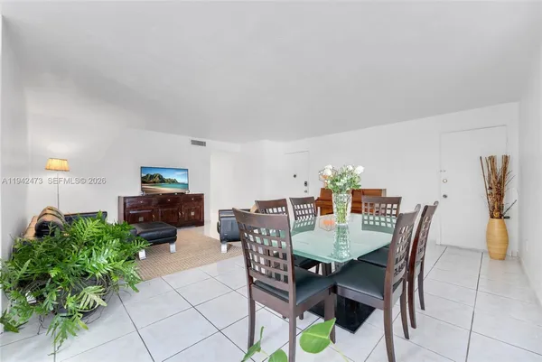 a view of a dining room with furniture