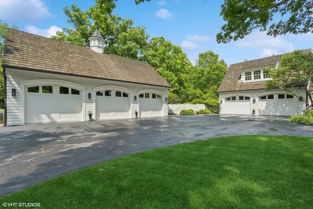 an aerial view of a house with a garden