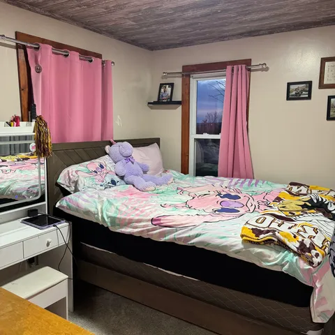 a bedroom with a bed and a dresser