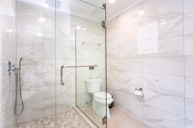 a bathroom with a shower toilet and a window