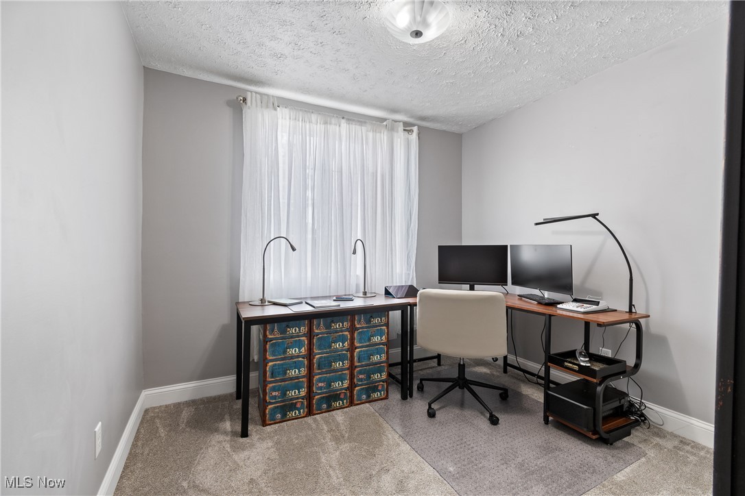 4786 Mayfair Road North Canton, OH 44720 - Photo 17 of 38 Home office featuring light colored carpet and a textured ceiling
