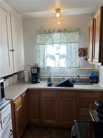 a kitchen with a sink a window and cabinets