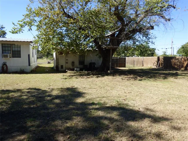 a yard with a tree in the background