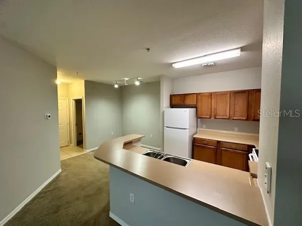 a kitchen with a refrigerator and a sink