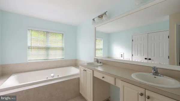 a bathroom with a tub a sink and mirror
