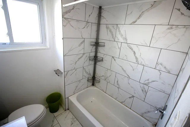 a bathroom with a toilet and a bathtub