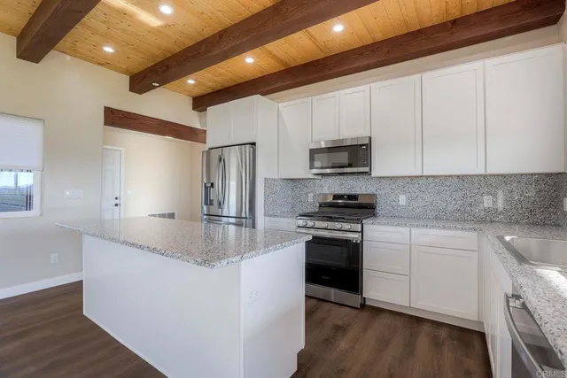 a kitchen with stainless steel appliances granite countertop a stove a sink and a refrigerator