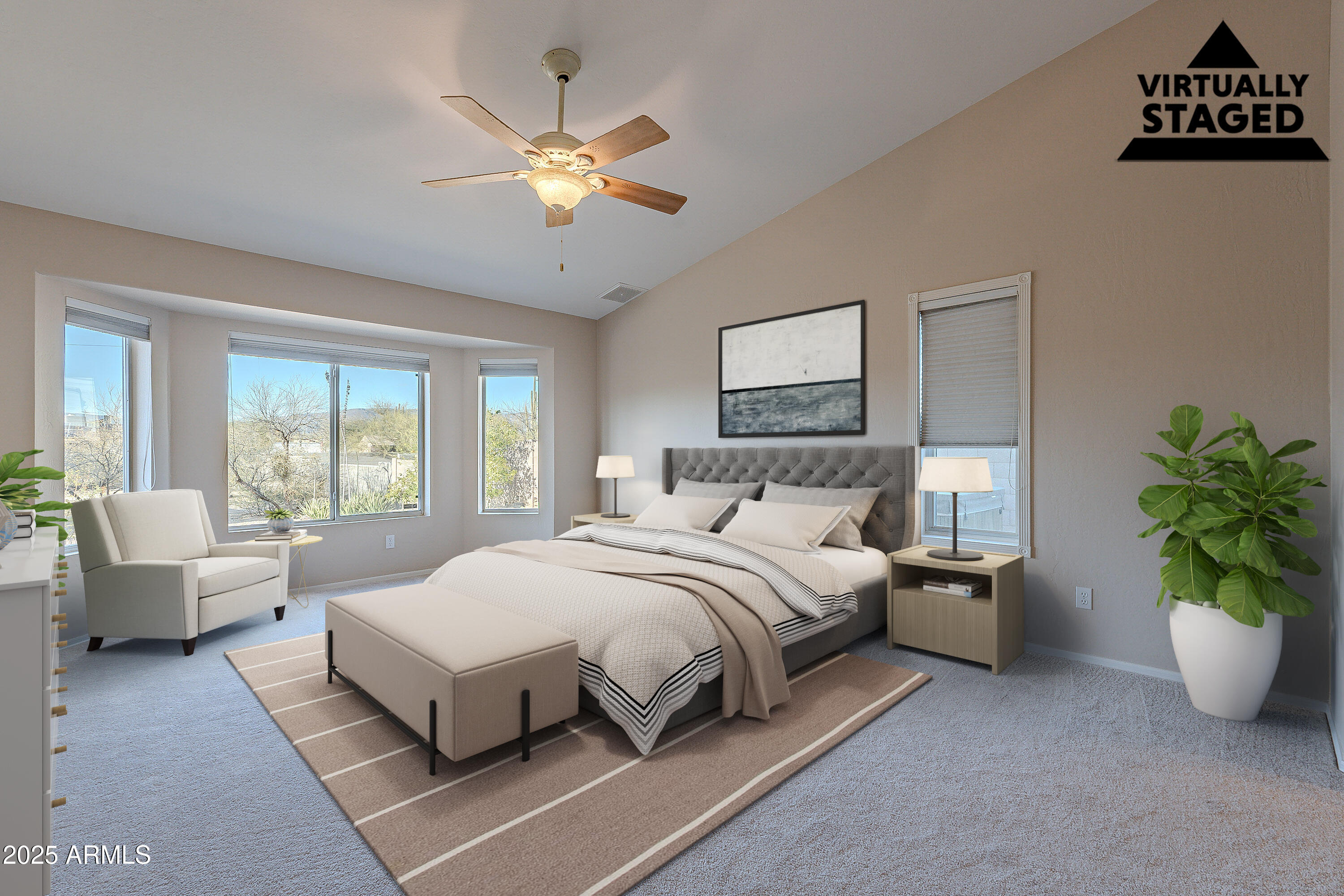 5960 East Grapevine Road Cave Creek, AZ 85331 - Photo 26 of 54 a bedroom with a balcony a bed and a chandelier