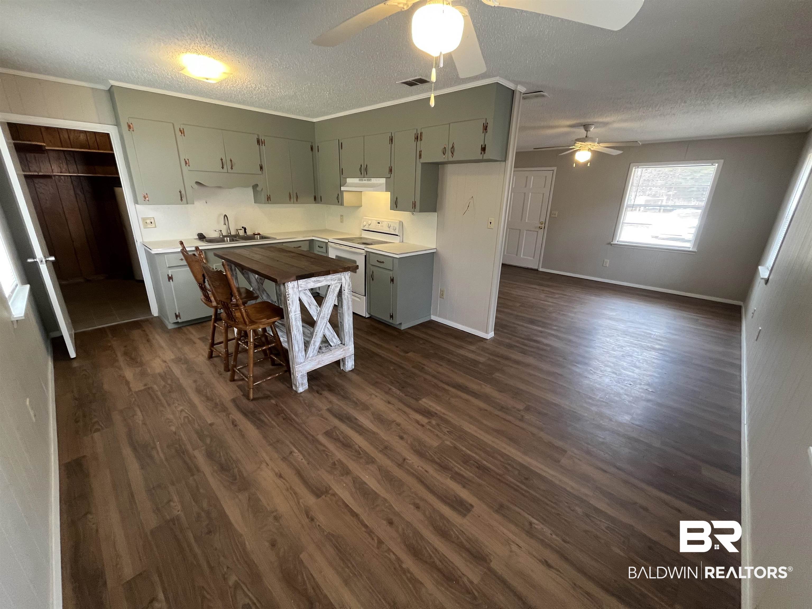 103 Roadway Street Brewton, AL 36426 - Photo 8 of 13 Kitchen with electric stove, ceiling fan, dark hardwood / wood-style flooring, a textured ceiling, and sink